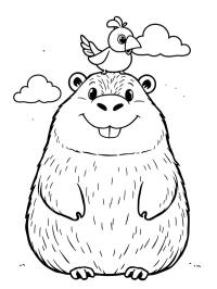 Capibara con un pájaro en la cabeza