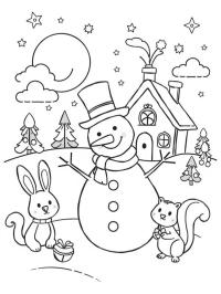 Animales junto al muñeco de nieve