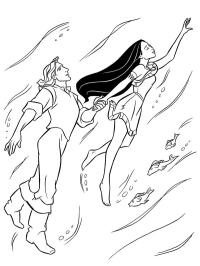 John Smith y Pocahontas en el agua
