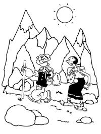 Popeye y Olivia paseando por las montañas