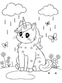 Gato unicornio bajo la lluvia