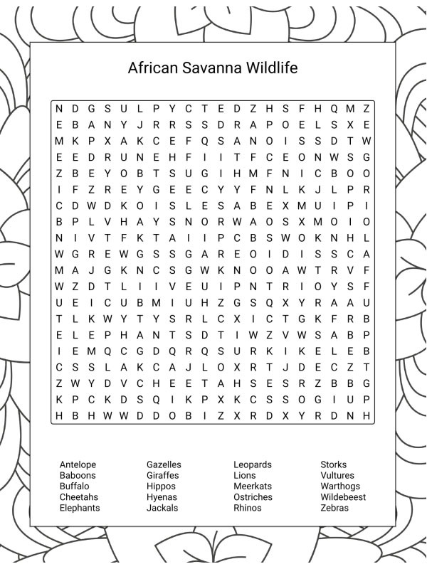 Dibujo de Sopa de letras animales de la sabana africana para Colorear Dibujo de Sopa de letras animales de la sabana africana para Colorear