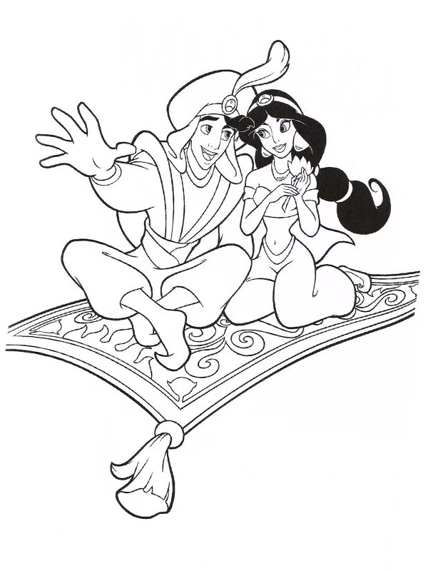 Dibujo de Aladino y Jasmine en la alfombra para Colorear