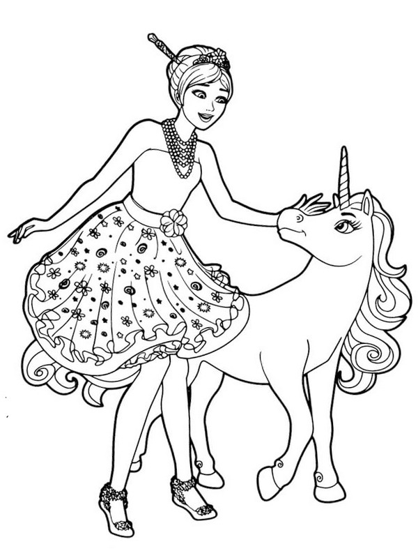 Dibujo de Barbie con unicornio para Colorear