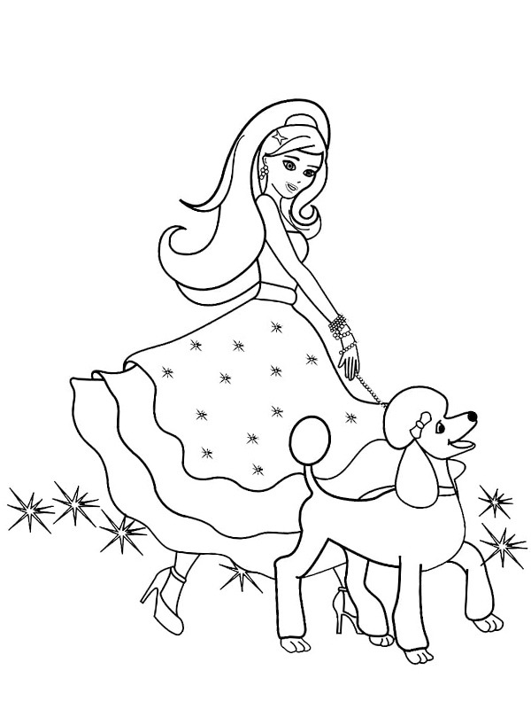 Dibujo de Barbie con caniche para Colorear Dibujo de Barbie con caniche para Colorear