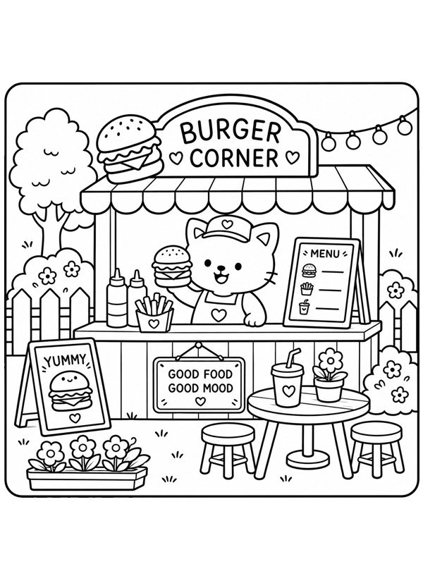 Dibujo de Cozy restaurante de hamburguesas para Colorear Dibujo de Cozy restaurante de hamburguesas para Colorear
