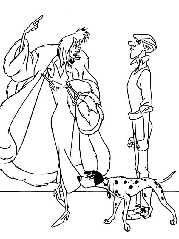Dibujo de Cruella de Vil, Roger y Pongo para Colorear Dibujo de Cruella de Vil, Roger y Pongo para Colorear