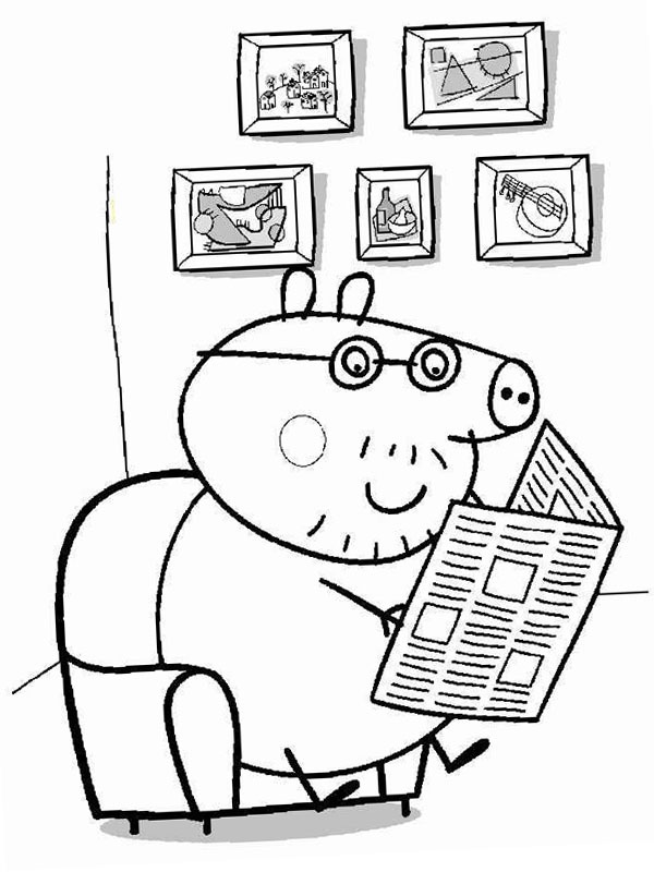 Dibujo de Papi Cerdo lee el periódico para Colorear Dibujo de Papi Cerdo lee el periódico para Colorear