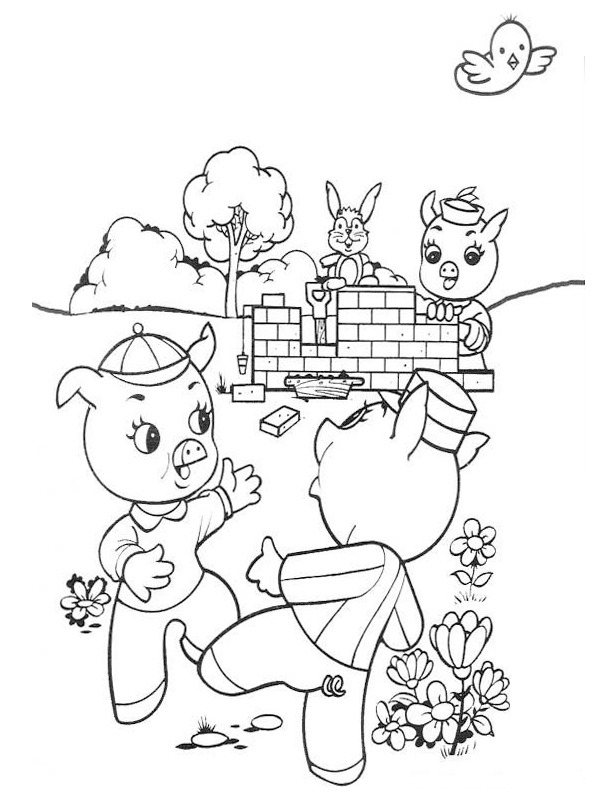 Dibujo de Los tres cerditos construyen una casa para Colorear Dibujo de Los tres cerditos construyen una casa para Colorear