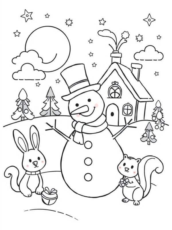 Dibujo de Animales junto al muñeco de nieve para Colorear Dibujo de Animales junto al muñeco de nieve para Colorear