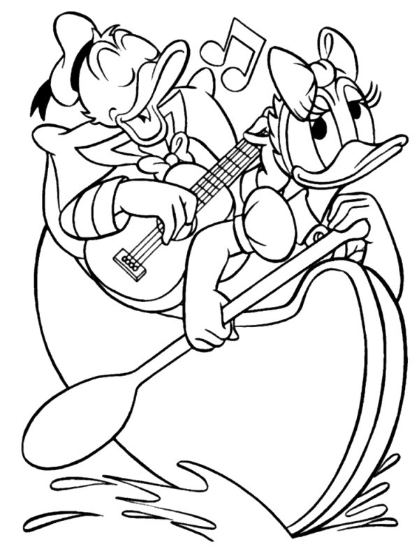 Dibujo de El Pato Donald y Katrine en canoa para Colorear