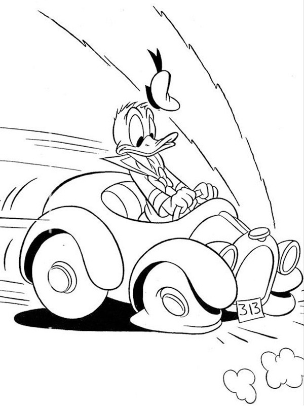 Dibujo de pato donald frena con el coche para Colorear