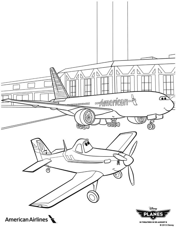 Dibujo de Dusty Crophopper y American Airlines Avión para Colorear