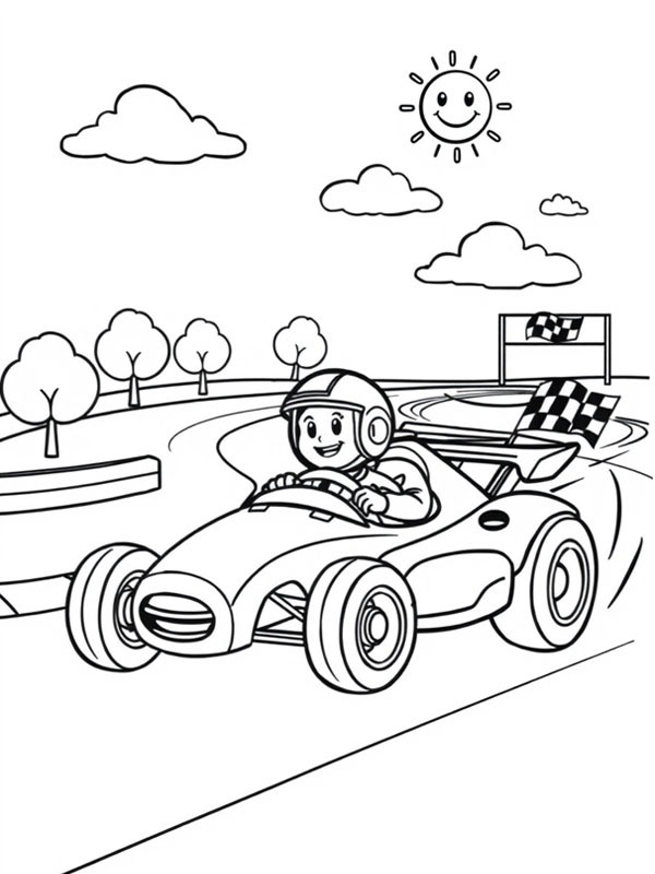 Dibujo de Niño en un auto de carreras para Colorear Dibujo de Niño en un auto de carreras para Colorear