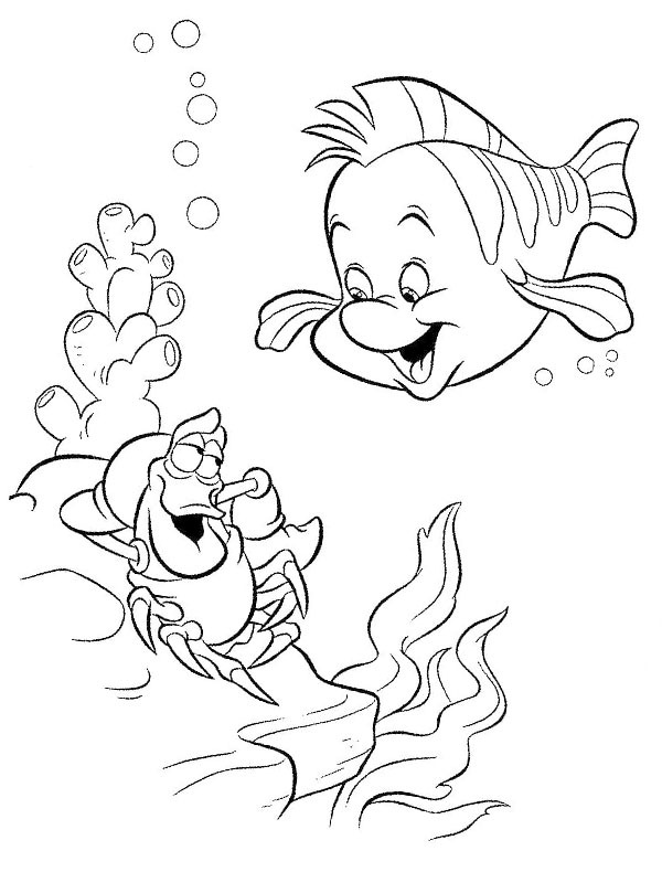 Dibujo de Cangrejo Sebastián y pez Flounder para Colorear Dibujo de Cangrejo Sebastián y pez Flounder para Colorear