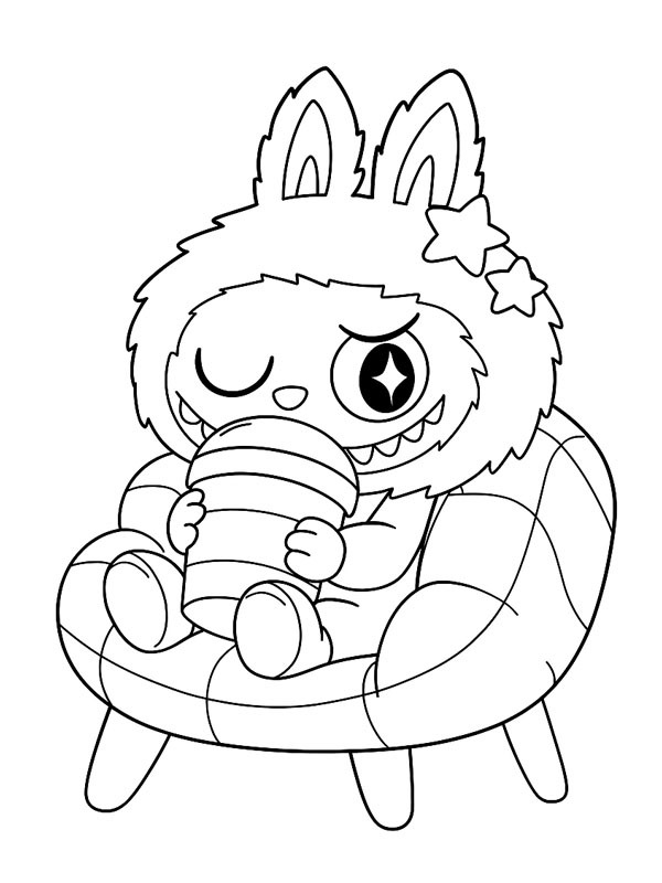 Dibujo de Labubu tumbado en un cojín para Colorear Dibujo de Labubu tumbado en un cojín para Colorear