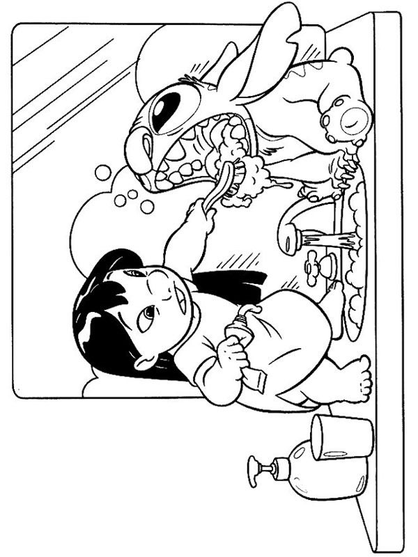 Dibujo de Lilo enseña a Stitch a lavarse los dientes para Colorear Dibujo de Lilo enseña a Stitch a lavarse los dientes para Colorear