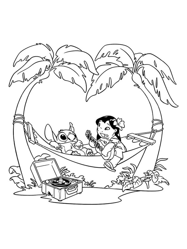 Dibujo de Lilo y Stitch en la hamaca para Colorear Dibujo de Lilo y Stitch en la hamaca para Colorear