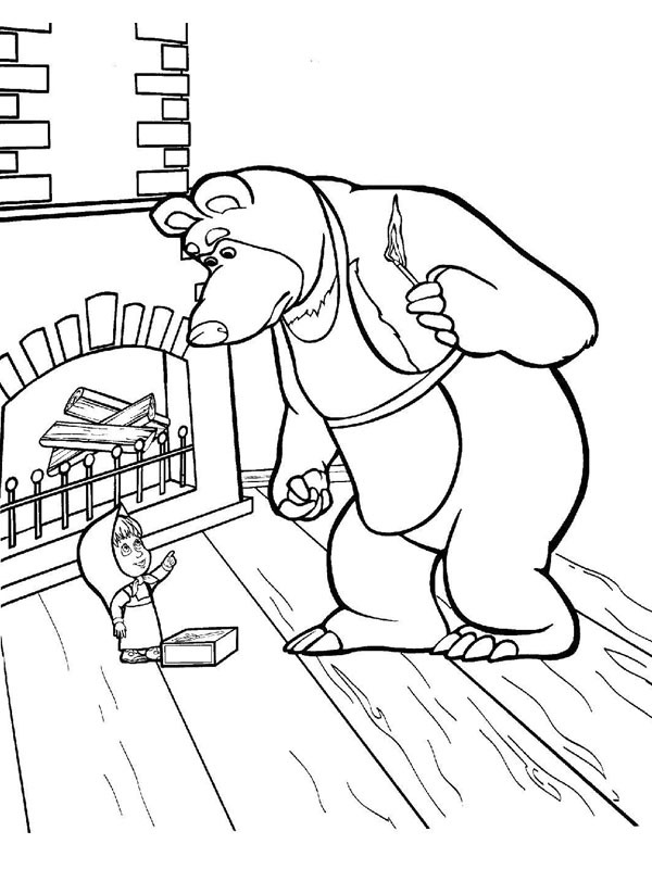 Dibujo de Masha y el Oso encienden la chimenea para Colorear Dibujo de Masha y el Oso encienden la chimenea para Colorear