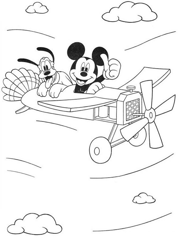 Dibujo de mickey mouse y pluto en un avión para Colorear
