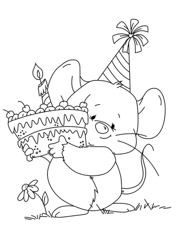 Dibujo de Ratón con pastel de cumpleaños para Colorear Dibujo de Ratón con pastel de cumpleaños para Colorear