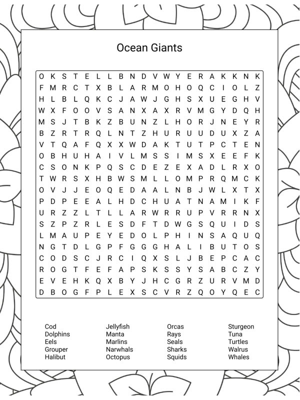 Dibujo de Sopa de letras animales del océano para Colorear Dibujo de Sopa de letras animales del océano para Colorear