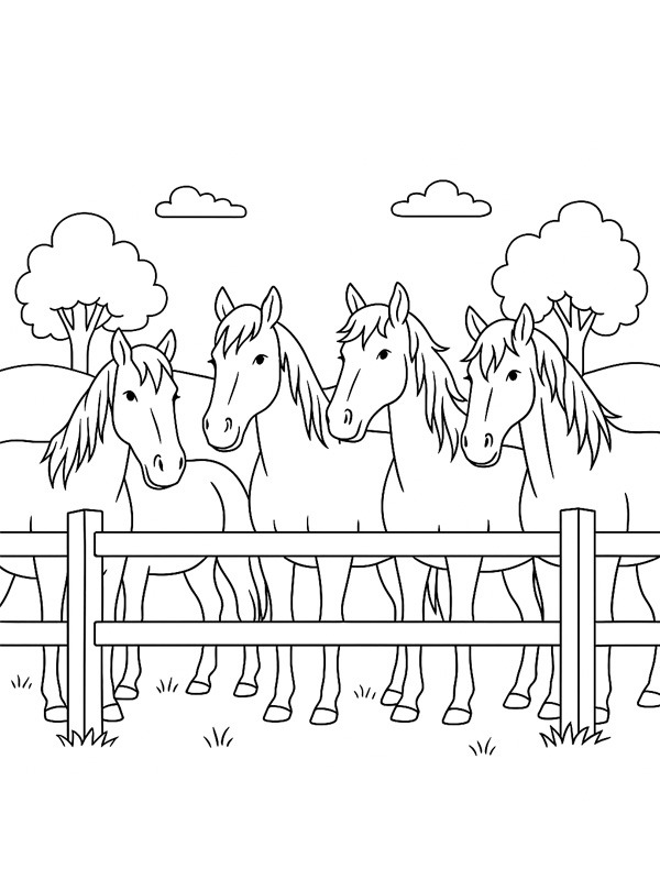 Dibujo de Manada de caballos detrás de una valla para Colorear Dibujo de Manada de caballos detrás de una valla para Colorear