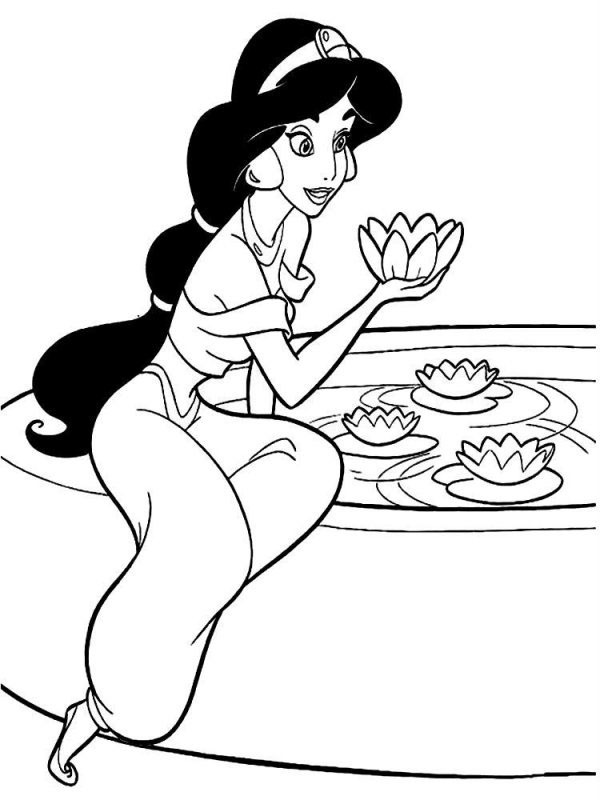 Dibujo de Princesa Jasmine coge un nenúfar para Colorear Dibujo de Princesa Jasmine coge un nenúfar para Colorear