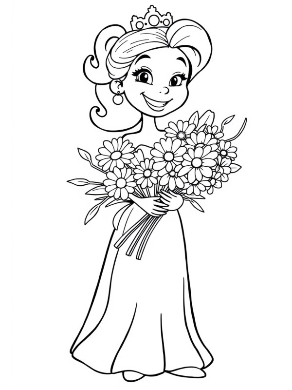Dibujo de Princesa con un ramo de flores para Colorear Dibujo de Princesa con un ramo de flores para Colorear