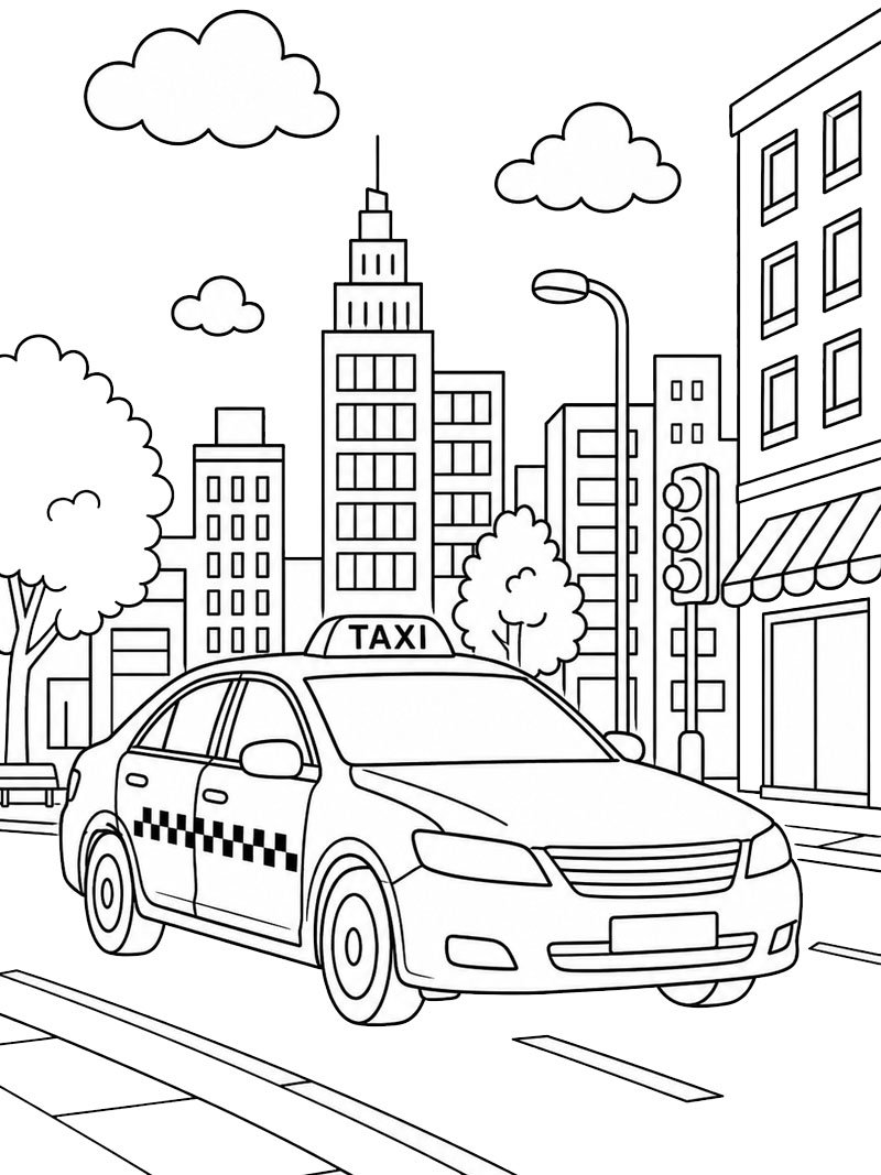Dibujo de Taxi en la ciudad para Colorear Dibujo de Taxi en la ciudad para Colorear