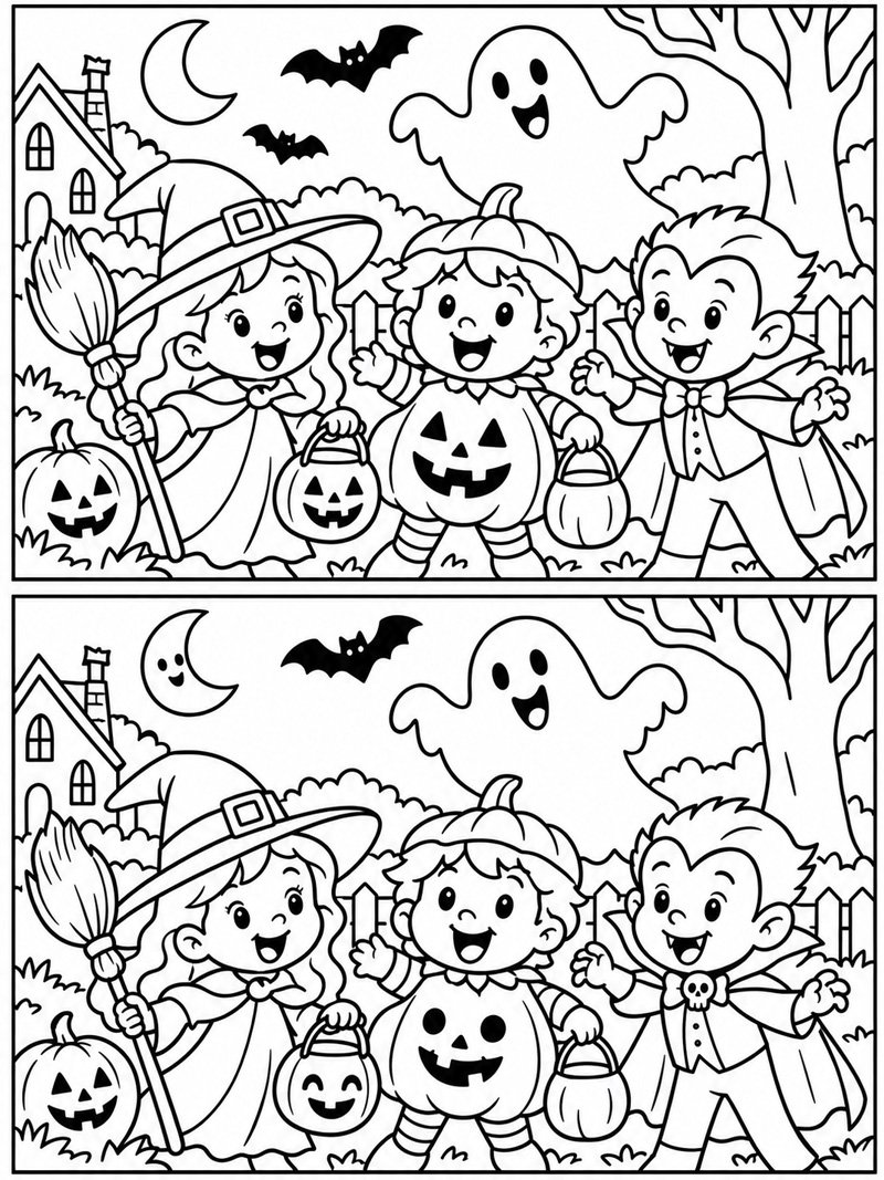 Dibujo de Halloween Encuentra las 5 diferencias para Colorear Dibujo de Halloween Encuentra las 5 diferencias para Colorear