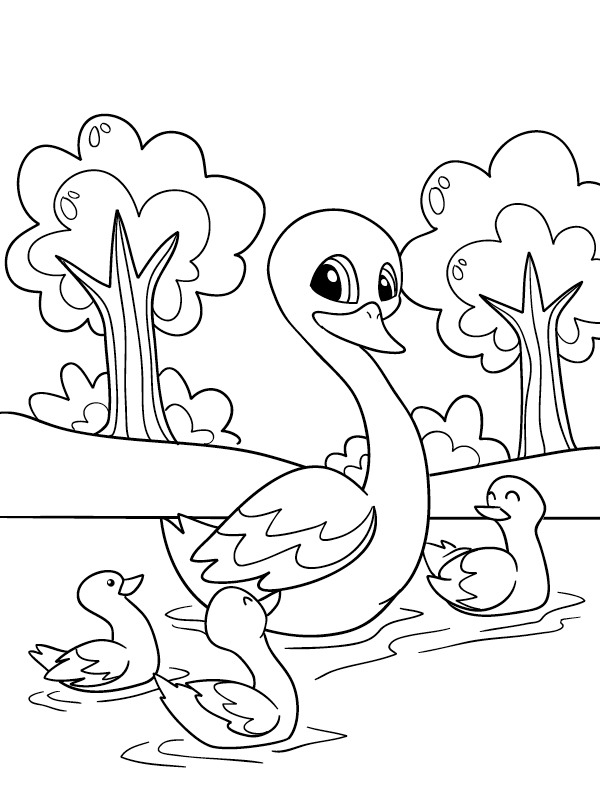 Dibujo de Cisne con cisnes jóvenes para Colorear